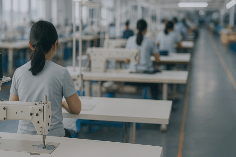 Workers in a brightly lit garment factory operating industrial sewing machines in a production line in Thailand.