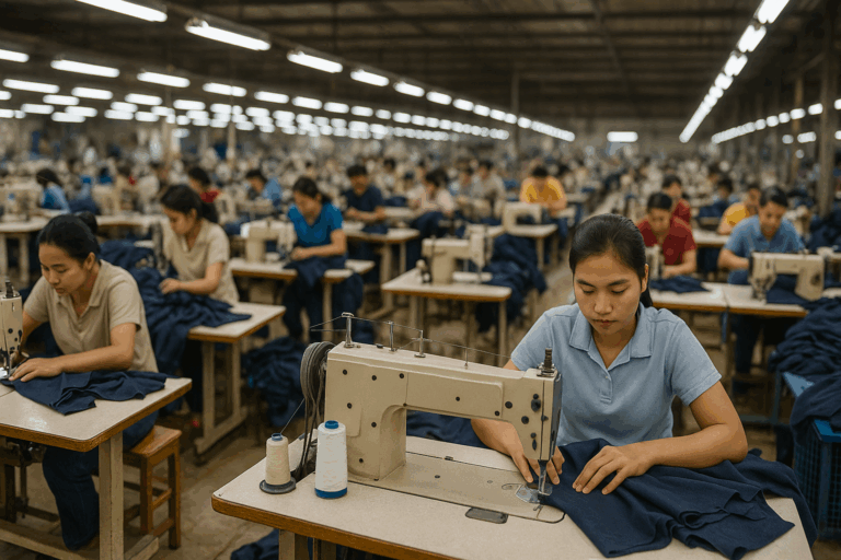 Workers at sewing machines in a large garment factory in Thailand, focused on stitching navy fabric.